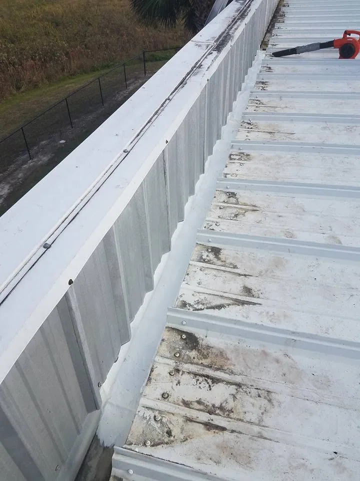 Commercial metal roof parapet box gutter sealed seam leaf blower, Sanford